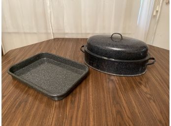 Large Savory Enamel Speckled Roasting Pan And Baking Pan