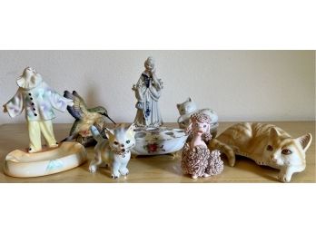 Mid-century Lot Of Ceramic Animals, Clown Ash Tray, And Victorian Figurine