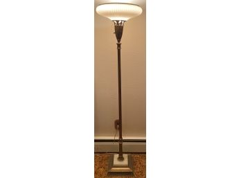 Antique Victorian Standing 3-way Lamp With Swirled Satin Glass Shade With Gold Trim And Marble Base