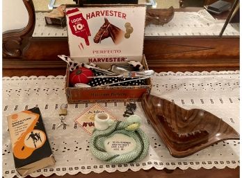 Dresser Lot Including A Japan Pottery Snake Trinket Dish, Ash Tray, Miniature Radio, Cigar Box And More