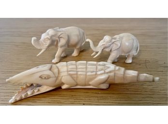 (3) Pre 1950 Carved Ivory Color Animals, (2) Elephants And An Alligator (as Is)