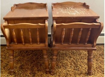 Two Mid Century Modern Maple Side Tables With Front Magazine Racks And Shelves (As Is)