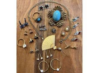 Vintage Jewelry Lot Including Butterfly, Holiday And Small Stone Post Earrings, Fan Necklace, Pin & Ring