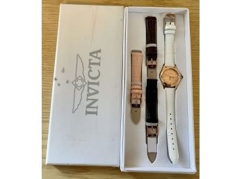 Invicta Angel Women's Rose Gold Genuine Leather 4 Band Watch Set In Original Box