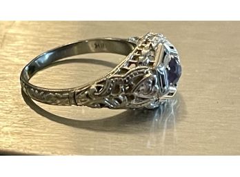 Antique 18K White Gold Filigree, Diamond And Amethyst Ring Size 6 Weights 2.9 Grams