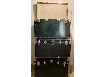Tower Of (3) Large Black Storage Trunks With Leather Handles