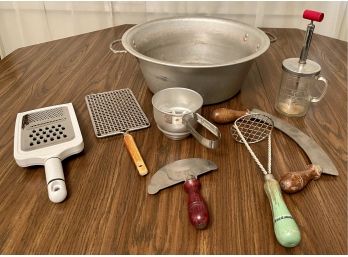 Antique Kitchen Lot: Mixer, Masher, Sifter, Etolie Etienne, Choppers, And More