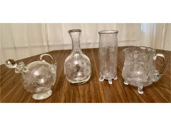 Antique Crystal Etched Glass Decanter, Pitcher, And Vase Lot