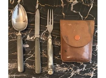 (3) Vintage Inoxid Camping Folding Knife, Fork, And Spoon With Leather Case