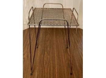 Small Metal Mid-century Modern Side Table With A Pierced Top And Rubber Feet