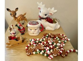 Vintage Christmas Lot Including Celluloid Deer, Gingerbread Garland, Santa Face Pin Cushion, And More