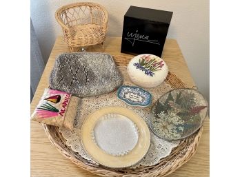 Dresser Lot With (3) Trinket Dishes, A Regale Silver Bead Purse, And Rattan Miniature Chair And Tray