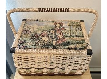 Faux Wicker Multi-color Sewing Basket With Tapestry Top And Sew Accessories Including Buttons