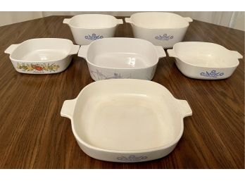 (6) Corning Casserole Dishes Including Corn Flower Blue And Spice Of Life