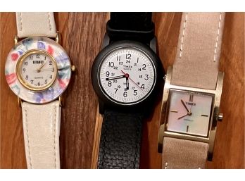 Lot Of Watches (1) Gitano Flower Rim & Timex Indiglo Mother Of Pearl Face & Timex Quartz Both Leather Bands