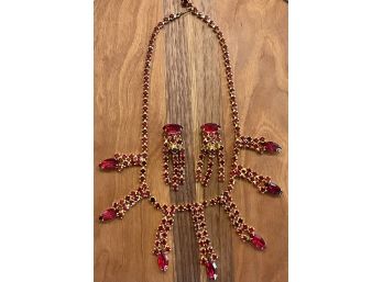 Gorgeous Vintage Red Rhinestone Choker Drop Necklace With Matching Drop Earrings