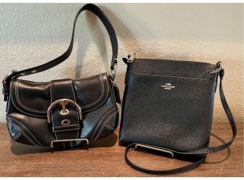 (2) Authentic Black Leather Coach Purses (1) Cross Body With Extra Long Strap And (1) Saddle Bag