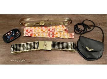 Vintage Flapper Belt 1930 Gold Tone, Silk Art Deco Belt, Dance Purse, Compact Mirror, Gold Stretch 1980 Belt
