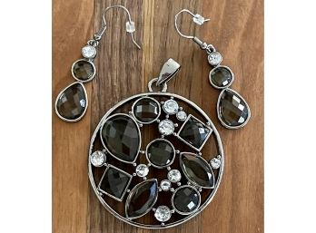 Smokey Quartz Color Glass And Crystal Pendant And Matching Drop Earrings Silver Tone Frame