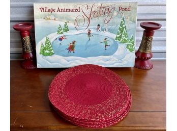 Department 56 Skating Pond With 2 Red Ceramic Candle Holders And Red And Gold Place Mats
