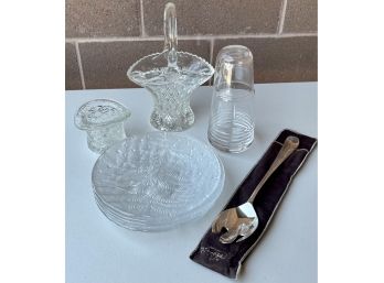 Collection Of Glassware, Silver Plate Serving Spoon, Water Server, And More