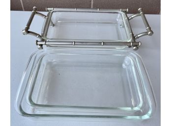 (3) Pyrex Baking Dishes Including Silver Art Deco Serving Tray