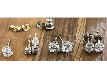 3 Pairs Plus 1 Thailand FAS 925 Sterling Silver Faux Diamond Earrings (1) 10k Gold Back & (1) 14K Gold Back