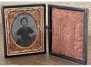 1800's Wood Gilded Copper Folding Picture Frame With Portrait Of Young Girl  Auction Favorite