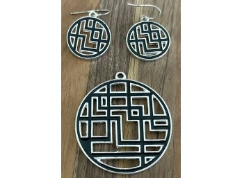 Silver Tone And Black Enamel Asian Style Pendant And Matching Round Earrings