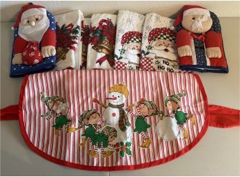 Christmas Kitchen Decor Including Towels, Santa Oven Mitts, & Small Apron