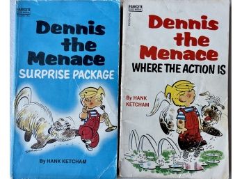 (2) 1970's Denis The Menace Paperback Books - Surprise Package And Where The Action Is By Hank Ketcham