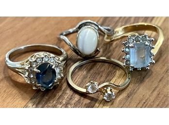 (4) Ladies Size 6 Vintage Faux Stone Rings, Blue, White, Rhinestone And (1) 18K GP