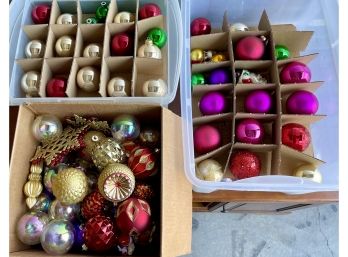 Large Lot Of Assorted Christmas Ornaments With (2) Plastic Storage Containers