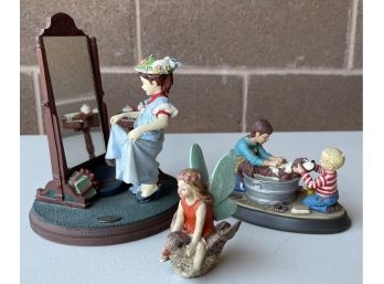 (2) Norman Rockwell Figurines 'dressing Up' And 'splish Splash' With Unmarked Resin Fairy