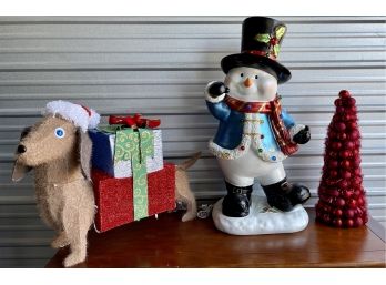 36 Inch Resin Snowman With Light Up Dog And A Stacking Ornament Tree