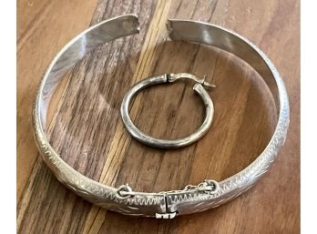 Scrap Sterling Silver Bangle Bracelet & (1) Hoop 925 Earring Total Weight 12.8 Grams