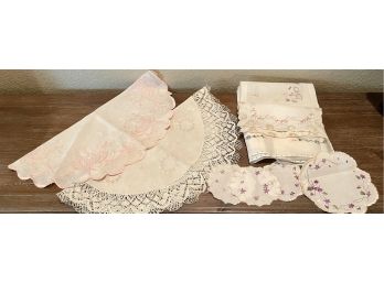 Beautiful Embroidered Large Doilies One With Lace Trim, Dresser Cover And Coasters