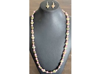 Vintage Sterling Polished Pink & Green Stone Heart And Bead Necklace With Matching Drop Earrings
