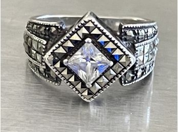 Sterling Silver & Marcasite Ring With Faux Diamond Center Stone Size 7.75 Weighs 6.9 Grams