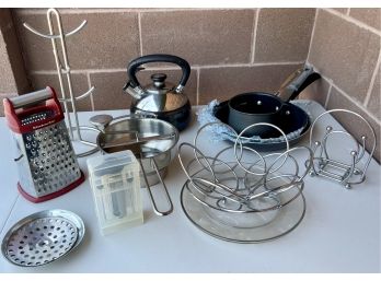Assorted Kitchen Lot, Turkey Injector, Kitchenaid Grater, Teapot And More.
