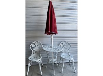White Painted Rose Pattern Metal Patio Table With 2 Chairs And Red Umbrella