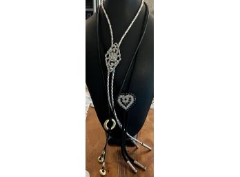 (3) Women's Rhinestone Bolo Ties With Black And White Heart, Silver & Rhinestone & Gold With Brown Leather