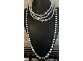 Aurora Borealis Crystal Three Strand Graduated Bead Necklace & Graduated Bead Plastic Necklace