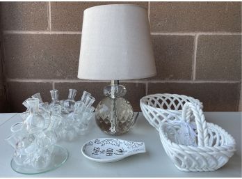Faceted Crystal Lamp, (2) White Woven Bowls, Good Life Spoon Rest, Bud Vase Holders