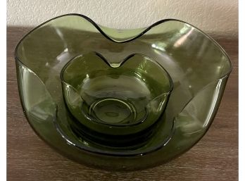 Vintage Green Glass Crimp Chip Bowl With Matching Smaller Dip Bowl