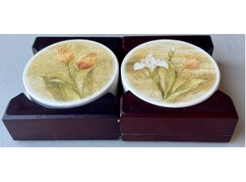 (2) Sets Of Floral Coasters With Wooden Holders