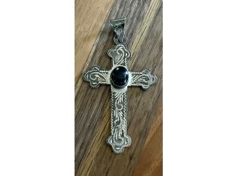 Vintage Sterling Silver Etched Cross With Onyx Stone Mexico 925 Weighs 8 Grams