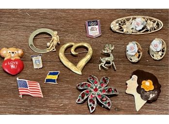 Assorted Vintage Pin Pendant Lot With Holiday Rhinestone, Souvenir, Heart And More