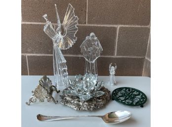 Collection Of Silver Plate Trivets, Candle Holders, And Acrylic Angels, And Silver Plate Holder
