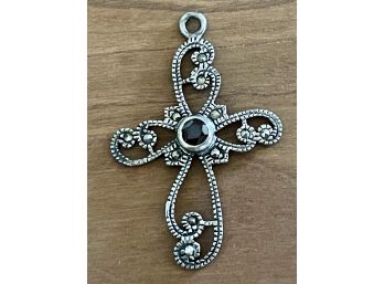 Sterling Silver 925 & Marcasite With Red Stone Cross Pendant 2.3 Grams